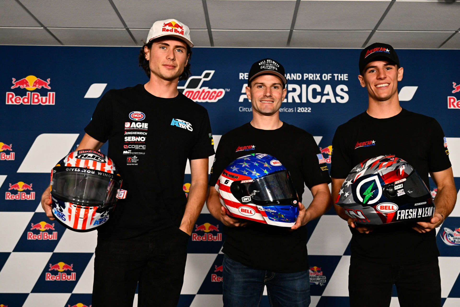 American Moto2 riders (from left) Joe Roberts, Cameron Beaubier, and Sean Dylan Kelly at a pre-race press conference at COTA. Photo courtesy Dorna.
