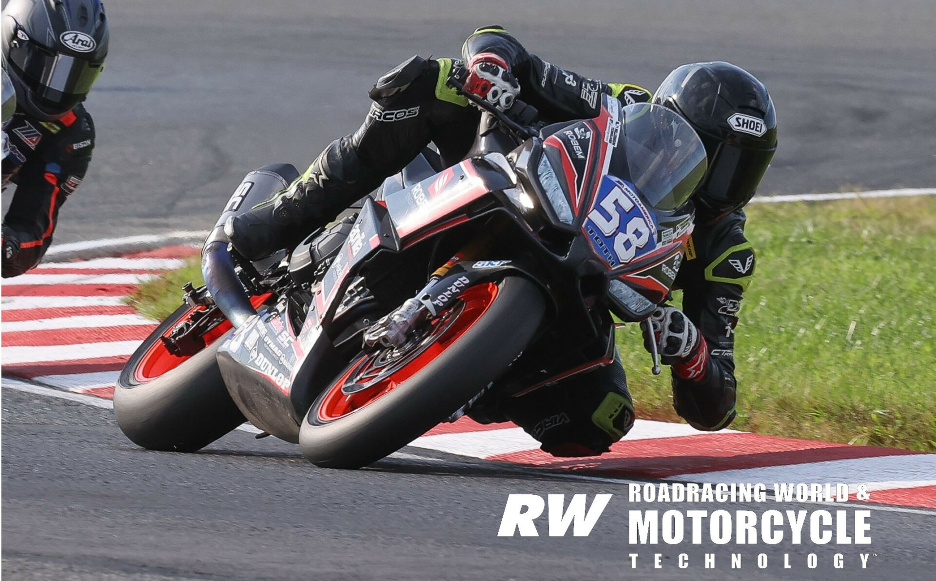 Maxwell Toth (58) at speed on an Aprilia RS 660 Twins Cup racebike during the 2021 season. Photo by Brian J. Nelson.