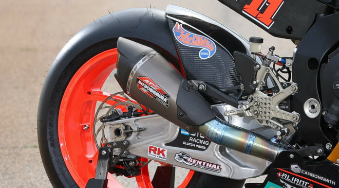 A Yoshimura racing exhaust system on a road race motorcycle. Photo by Brian J. Nelson.