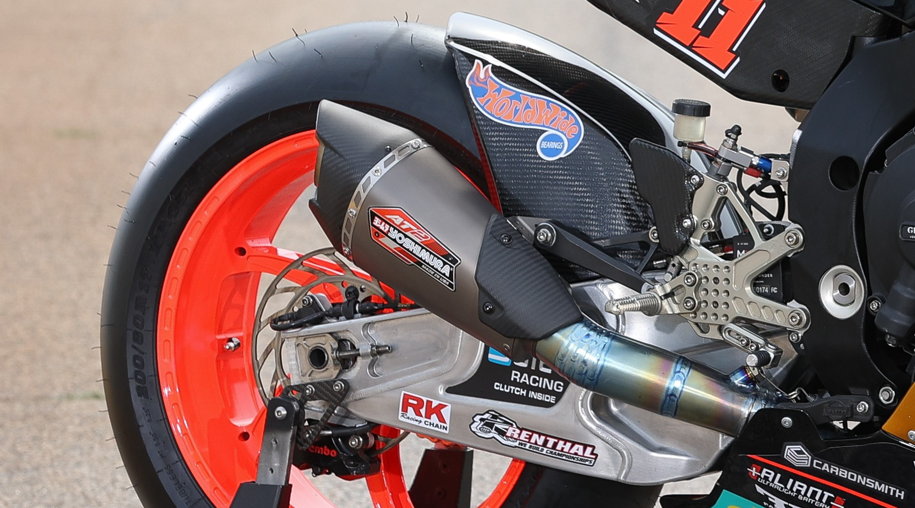 A Yoshimura racing exhaust system on a road race motorcycle. Photo by Brian J. Nelson.