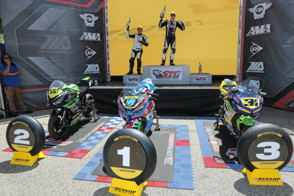 Junior Cup Race Two winner Max Van (right) and runner-up Aden Thao (left) on the Junior Cup Race Two podium at Road Atlanta. Kayla Yaakov was too upset to take her third-place position on the podium. Photo by Brian J. Nelson.