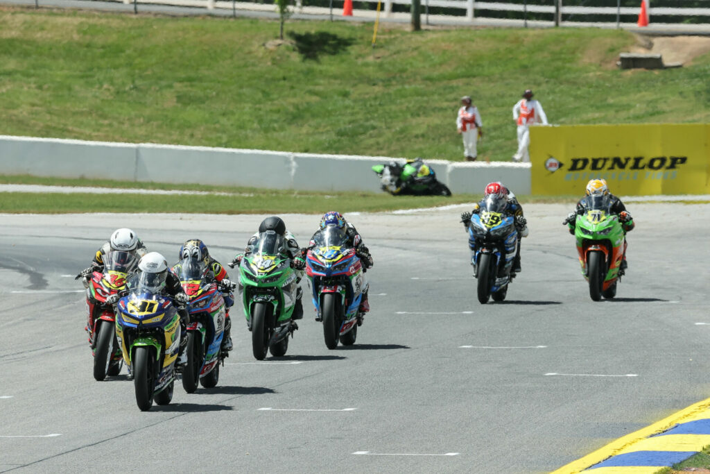 Kayla Yaakov (31) leads Joseph LiMandri (62), Gus Rodio (96), Cody Wyman (34), Max Van (48), Hayden Bicknese (69), and Levi Badie (71) late in Junior Cup Race Two at Road Atlanta. Photo by Brian J. Nelson.