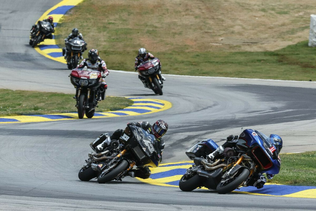 Kyle Wyman (1) held off the advances of James Rispoli (43) to win the Mission King Of The Baggers race at Road Atlanta. Photo by Brian J. Nelson, courtesy MotoAmerica.