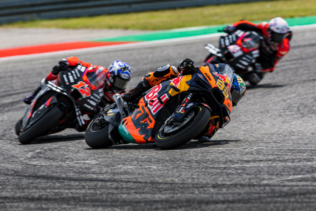 Brad Binder (33) leads Maverick Vinales (12) and Aleix Espargaro (41) at COTA. Photo courtesy KTM Factory Racing.