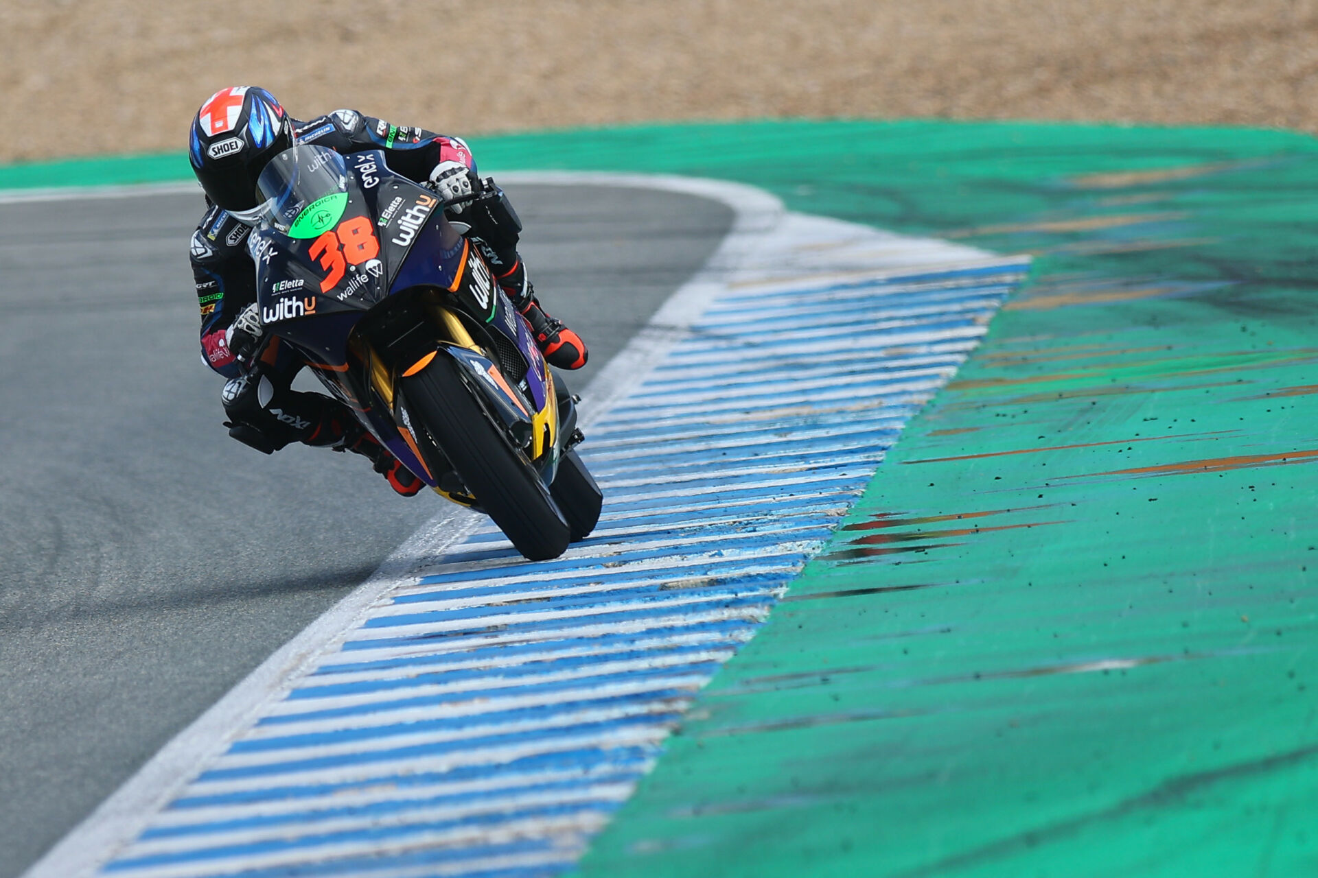 Bradley Smith (38) riding in mixed conditions during Day Two of MotoE testing at Jerez. Photo courtesy Dorna.