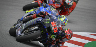 Factory riders like Fabio Quartararo (20), Joan Mir (behind Quartararo), and Jack Miller (43) can earn millions each season in salary, endorsements, and bonuses. Photo courtesy Dorna.