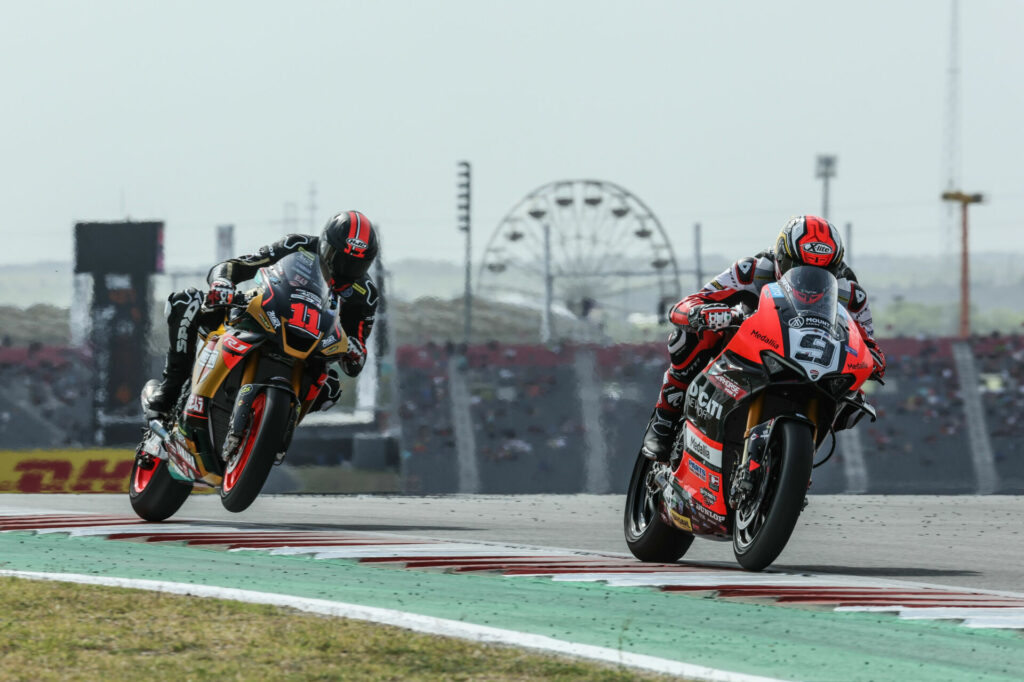 Danilo Petrucci (9) leads Mathew Scholtz (11) during MotoAmerica Superbike Race Two at COTA. Photo by Brian J. Nelson, courtesy Ducati.