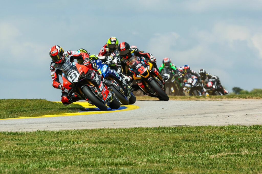 Danilo Petrucci (9) leads a group of riders early in a MotoAmerica Superbike race at Road Atlanta. Photo by Brian J. Nelson, courtesy Ducati.