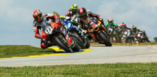 Danilo Petrucci (9) leads a group of riders early in a MotoAmerica Superbike race at Road Atlanta. Photo by Brian J. Nelson, courtesy Ducati.