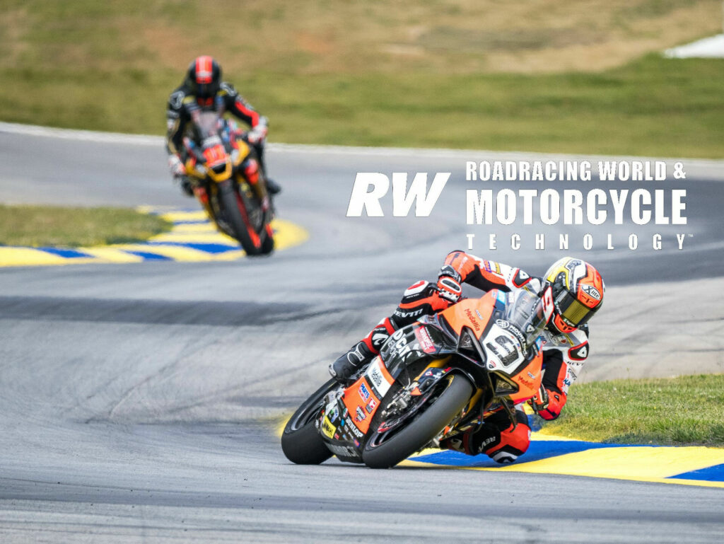 Danilo Petrucci (9), riding his Warhorse HSBK Racing Ducati NYC Panigale V4 R, won Medallia Superbike Race One. It was Petrucci's third win in a row. Photo by JR Howell.