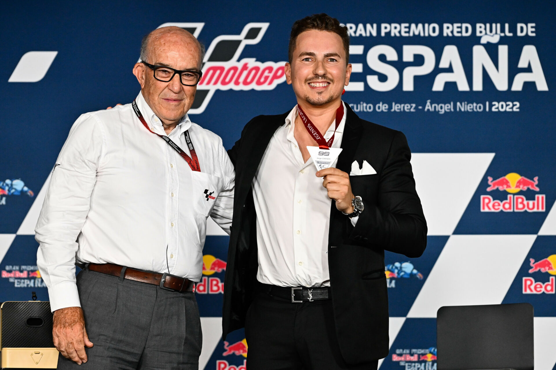 Dorna CEO Carmelo Ezpeleta (left) and MotoGP Legend Jorge Lorenzo (right). Photo courtesy Dorna.