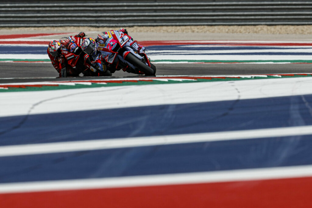 Enea Bastianini (23) leads Jack Miller (43) at COTA. Photo courtesy Gresini Racing.