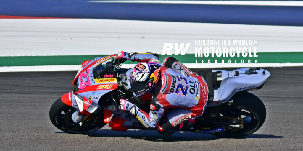 Enea Bastianini (23) said he felt confident in the braking zones on his year-old GP21, and the Gresini Racing rider leapt to fourth overall. Photo by Michael Gougis.