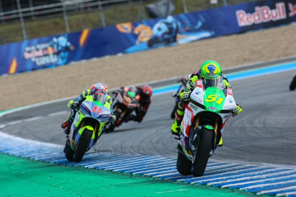 Eric Granado (51) leads Matteo Ferrari (11) during MotoE Race One at Jerez. Photo courtesy Dorna.