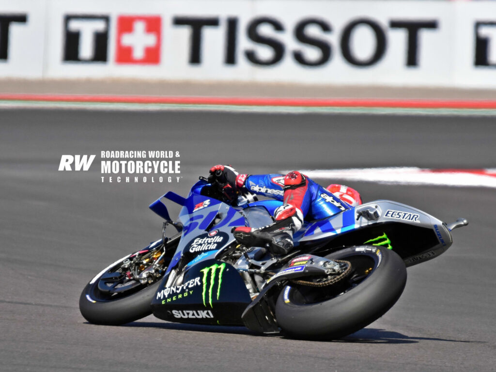 Alex Rins (42) popped on a soft rear tire halfway through the second practice session, fired off a pair of quick laps and then concentrated on evaluating whether the soft was an option for the race. His quick time was good enough for fifth overall on the day. Photo by Michael Gougis.