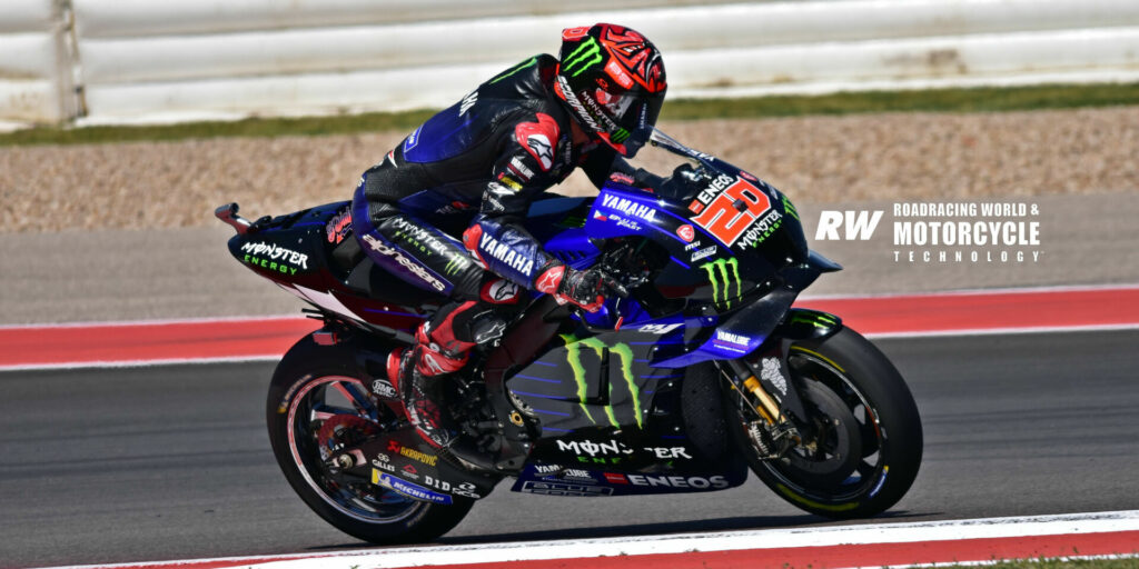 Fabio Quartararo (20) wrestled his Monster Yamaha YZR-M1 around the partially repaved Circuit Of The Americas to the third quickest time. Photo by Michael Gougis.