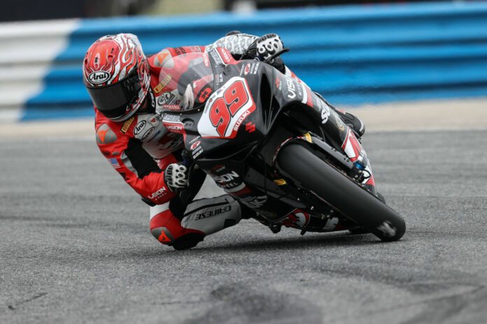 Geoff May (99) riding a Pirelli-shod Vision Wheel M4 ECSTAR Suzuki GSX-R600 at the 2022 Daytona 200. Photo courtesy Pirelli. Geoff May (99) riding a Pirelli-shod Vision Wheel M4 ECSTAR Suzuki GSX-R600 at the 2022 Daytona 200. Photo courtesy Pirelli.