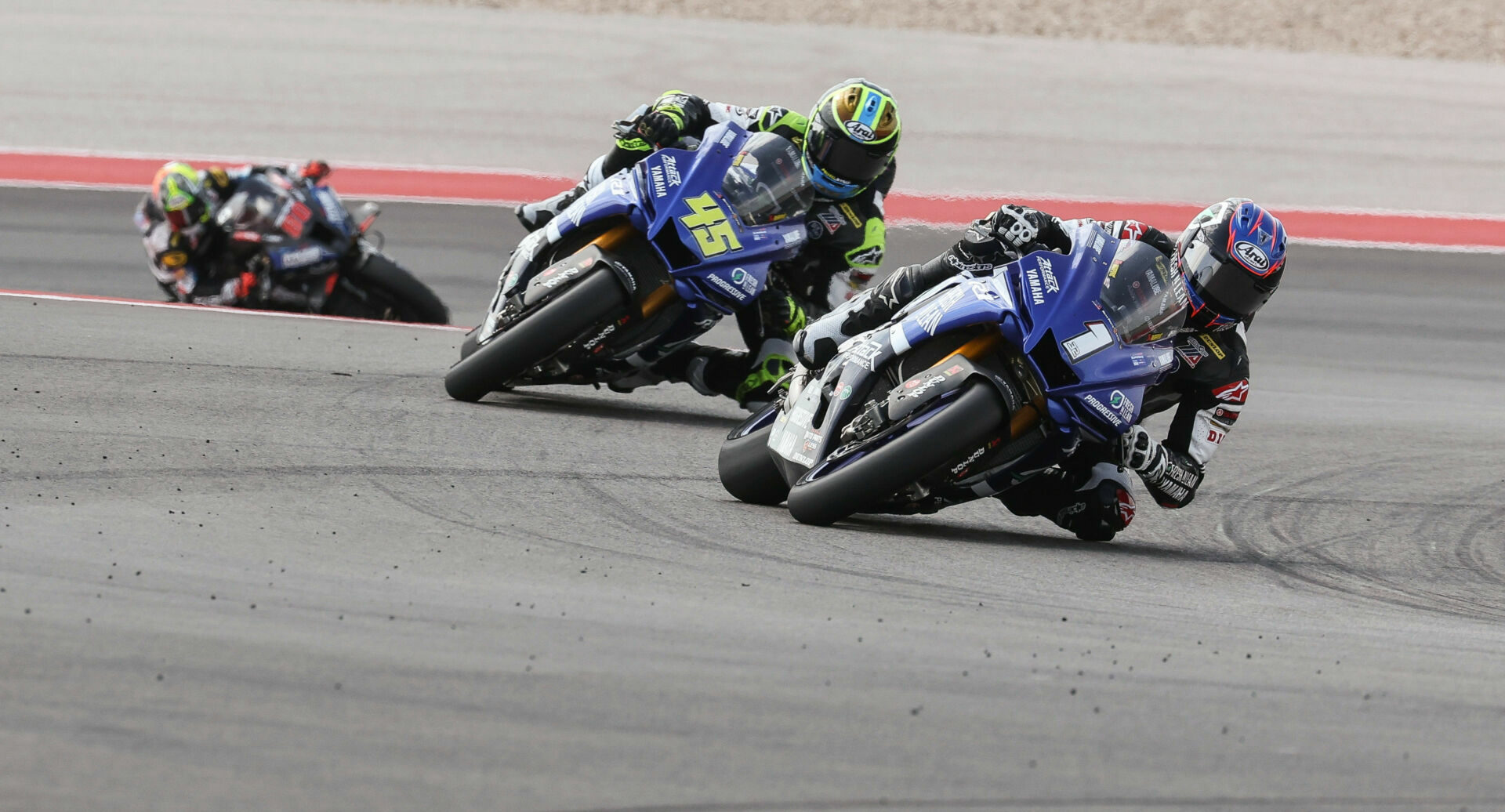 Jake Gagne (1) and Cameron Petersen (45) in action during MotoAmerica Superbike Race Two at COTA. Photo courtesy Yamaha.