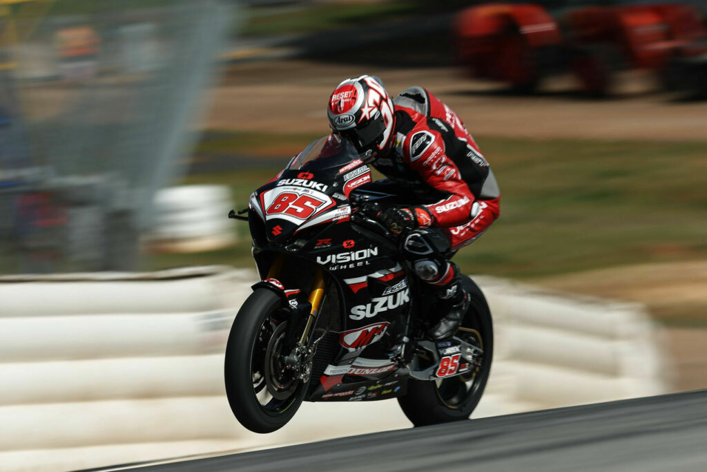 Vision Wheel M4 ECSTAR Suzuki Superbike pilot Jake Lewis (85) arguably served as the headliner, scoring his first premier-class podium finish in four seasons. Photo courtesy Suzuki Motor USA, LLC.