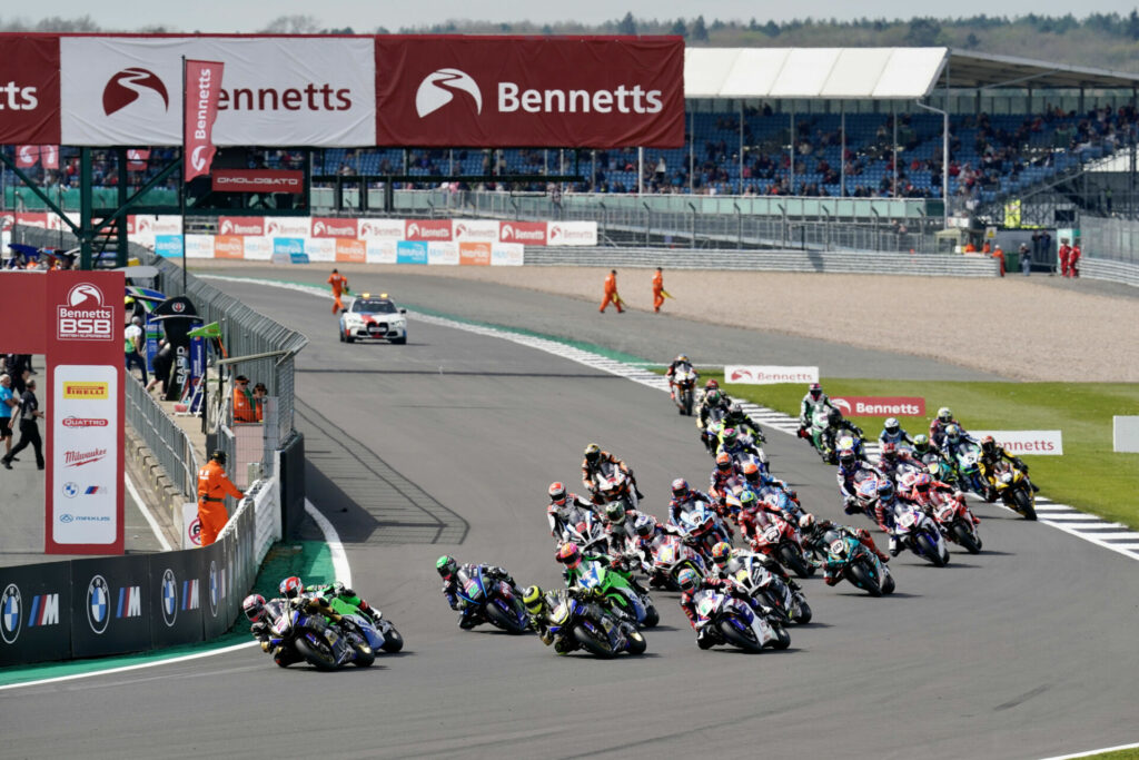 Jason O'Halloran (22) leads the start of a British Superbike race Sunday at Silverstone. Photo courtesy MSVR.