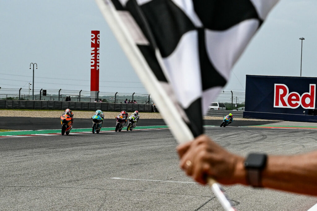 Jaume Masia (5) held off a horde of riders to win the Moto3 race at COTA. Photo courtesy Dorna.