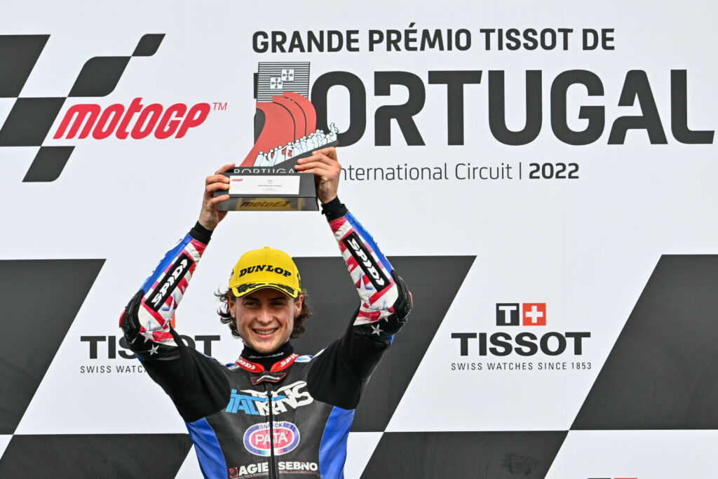 Joe Roberts on top of the Moto2 World Championship podium. Photo courtesy Dorna.