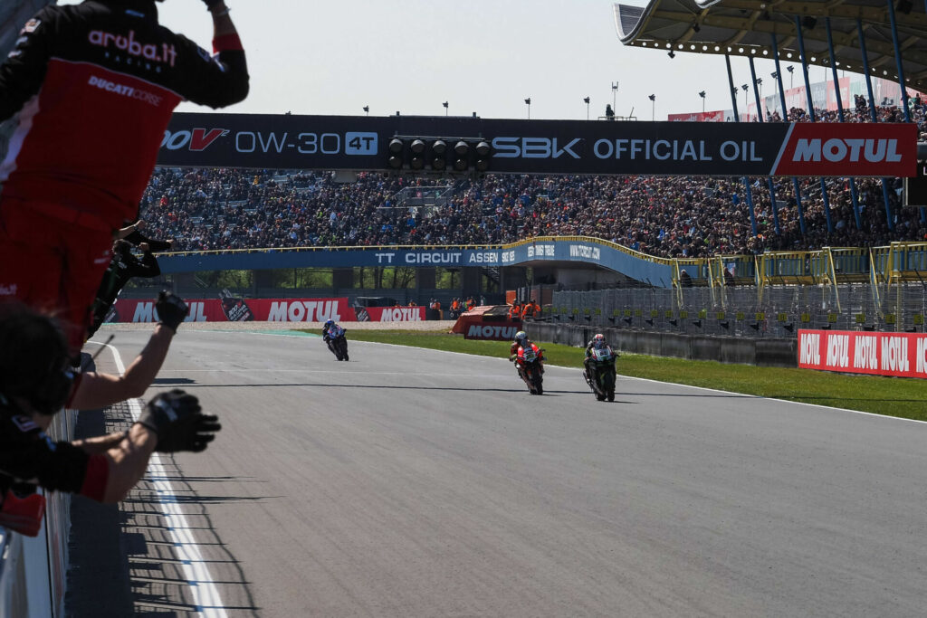 Jonathan Rea (65), Alvaro Bautista (19), and Toprak Razgatlioglu (1) at the finish of Race One at Assen. Photo courtesy Dorna.