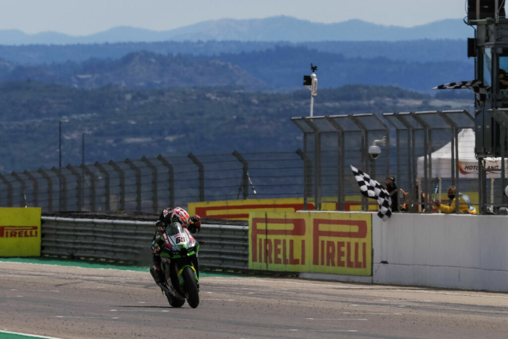 Jonathan Rea (65) won World Superbike Race One Saturday at MotorLand Aragon. Photo courtesy Dorna.