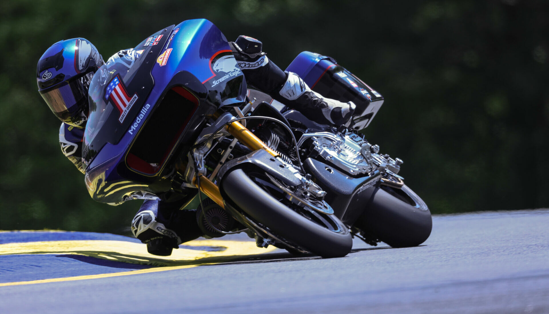 Kyle Wyman (1) at speed on his Screamin' Eagle Harley-Davidson Road Glide at Road Atlanta. Photo by Brian J. Nelson.