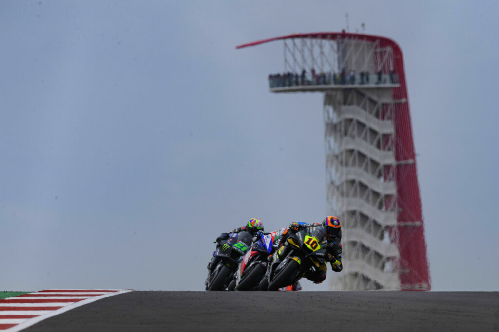 Luca Marini (10) leads Alex Marquez and Franco Morbidelli (20) at COTA. Photo courtesy Mooney VR46 Racing Team.