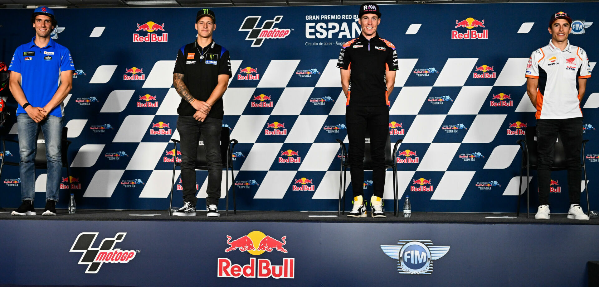 MotoGP riders (from left) Alex Rins, Fabio Quartararo, Aleix Espargaro, and Marc Marquez at the pre-race press conference at Jerez. Photo courtesy Dorna.