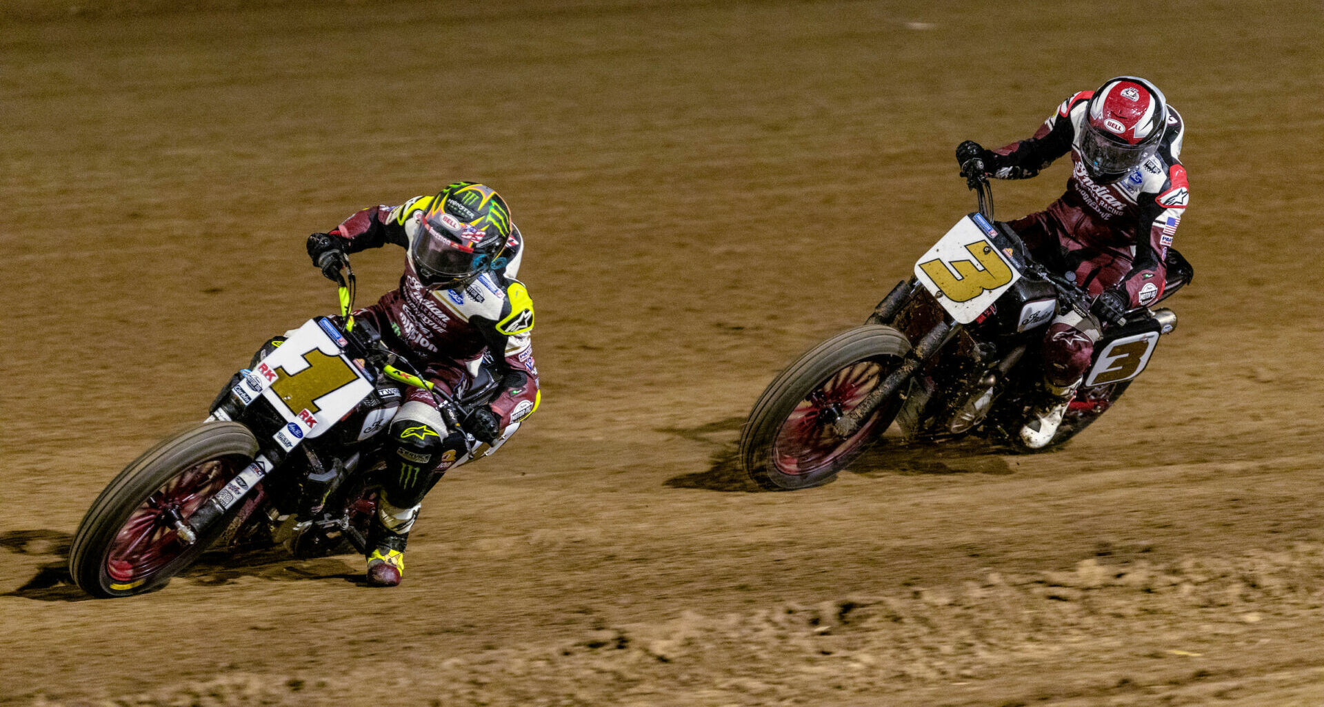 Jared Mees (1) and his Progressive Insurance Indian teammate Briar Bauman (3) in action at the I-70 Half-Mile. Photo courtesy Indian Motorcycle.
