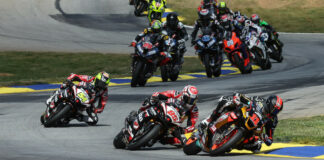 Mathew Scholtz (11) leads Jake Lewis (85), Richie Escalante (54) and the rest of the MotoAmerica Superbike field at Road Atlanta. Photo by Brian J. Nelson, courtesy Westby Racing.