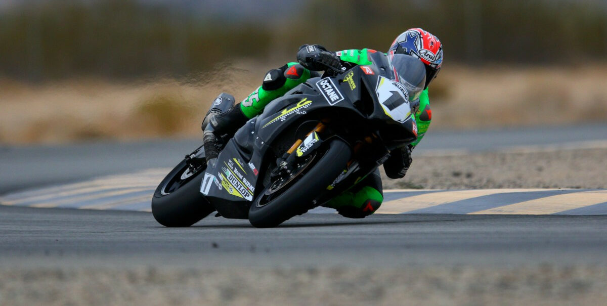 Michael Gilbert (1) is seen here defending his CVMA #1 plate at Chuckwalla Valley Raceway on his new Team Hammer-prepared Suzuki GSX-R1000R. Photo by CaliPhotography, courtesy Michael Gilbert Racing.