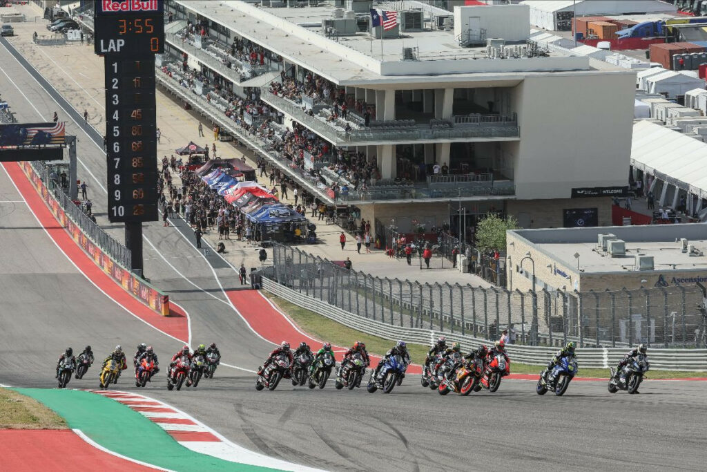 PJ Jacobsen (66) got the jump on the field in Sunday's MotoAmerica Medallia Superbike Race Two at Circuit of The Americas. Cameron Petersen (45), Mathew Scholtz (11), Danilo Petrucci (9), Jake Gagne (1) and the rest give chase. Photo by Brian J. Nelson, courtesy MotoAmerica.