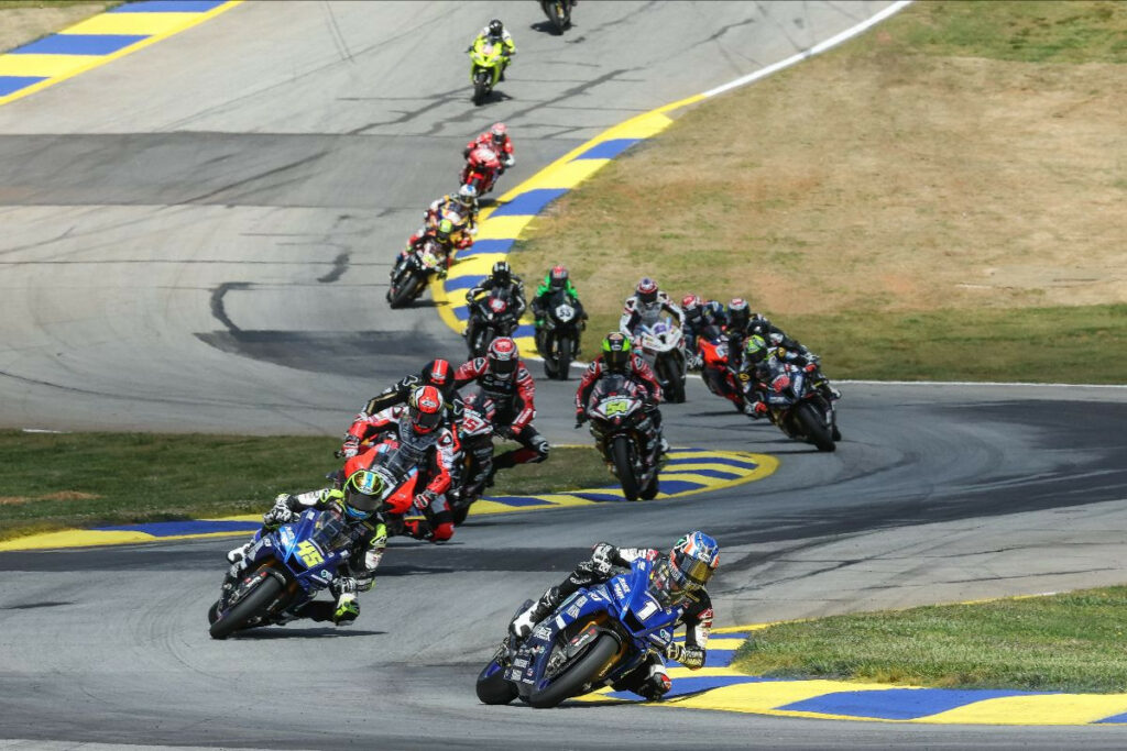 Jake Gagne (1) leads his teammate Cameron Petersen (45), Danilo Petrucci (behind Petersen) and the rest of the MotoAmerica Medallia Superbike class at Road Atlanta on Sunday. Photo by Brian J. Nelson, courtesy MotoAmerica.