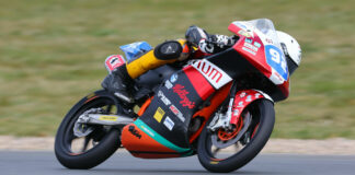 Hungarian-American Rossi Moor (92) in action at the Northern Talent Cup pre-season test at Oschersleben, before his crash. Photo courtesy Dorna.
