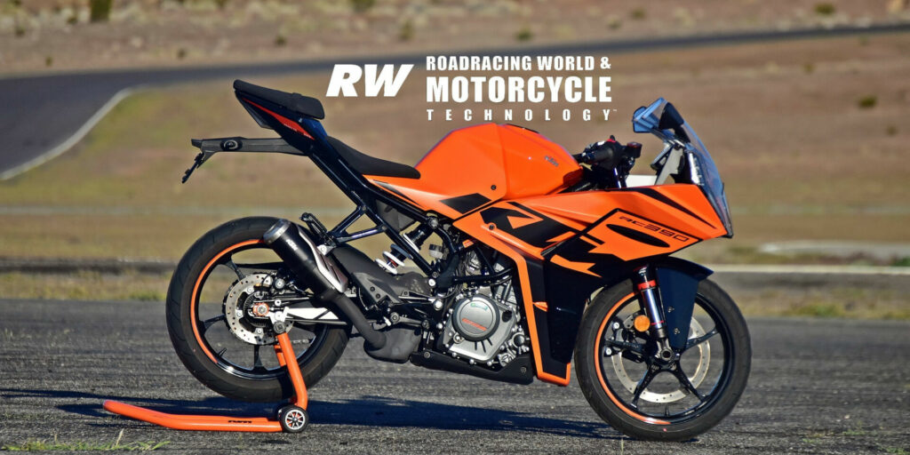 A 2022-model KTM RC 390 at rest at the mostly repaved Streets of Willow course in Rosamond, California. Photo by Michael Gougis.