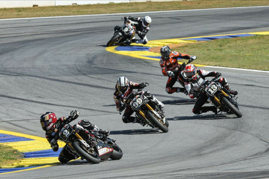 Tyler O'Hara (2) leads Jeremy McWilliams (99), Cory West (13) and Andy DiBrino (behind West) in Roland Sands Design (RSD) Super Hooligan Race Two on Sunday. Photo by Brian J. Nelson, courtesy MotoAmerica.