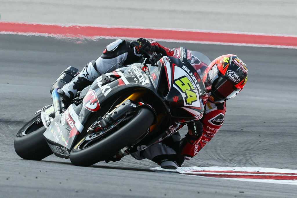 Superbike rookie Richie Escalante (54) continues to improve quickly and finished in the top five on Sunday. Photo courtesy Suzuki Motor USA.