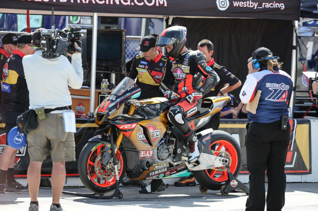 Mathew Scholtz (11), after crashing out of Superbike Race Two Sunday at Road Atlanta. Photo by Brian J. Nelson, courtesy Westby Racing.