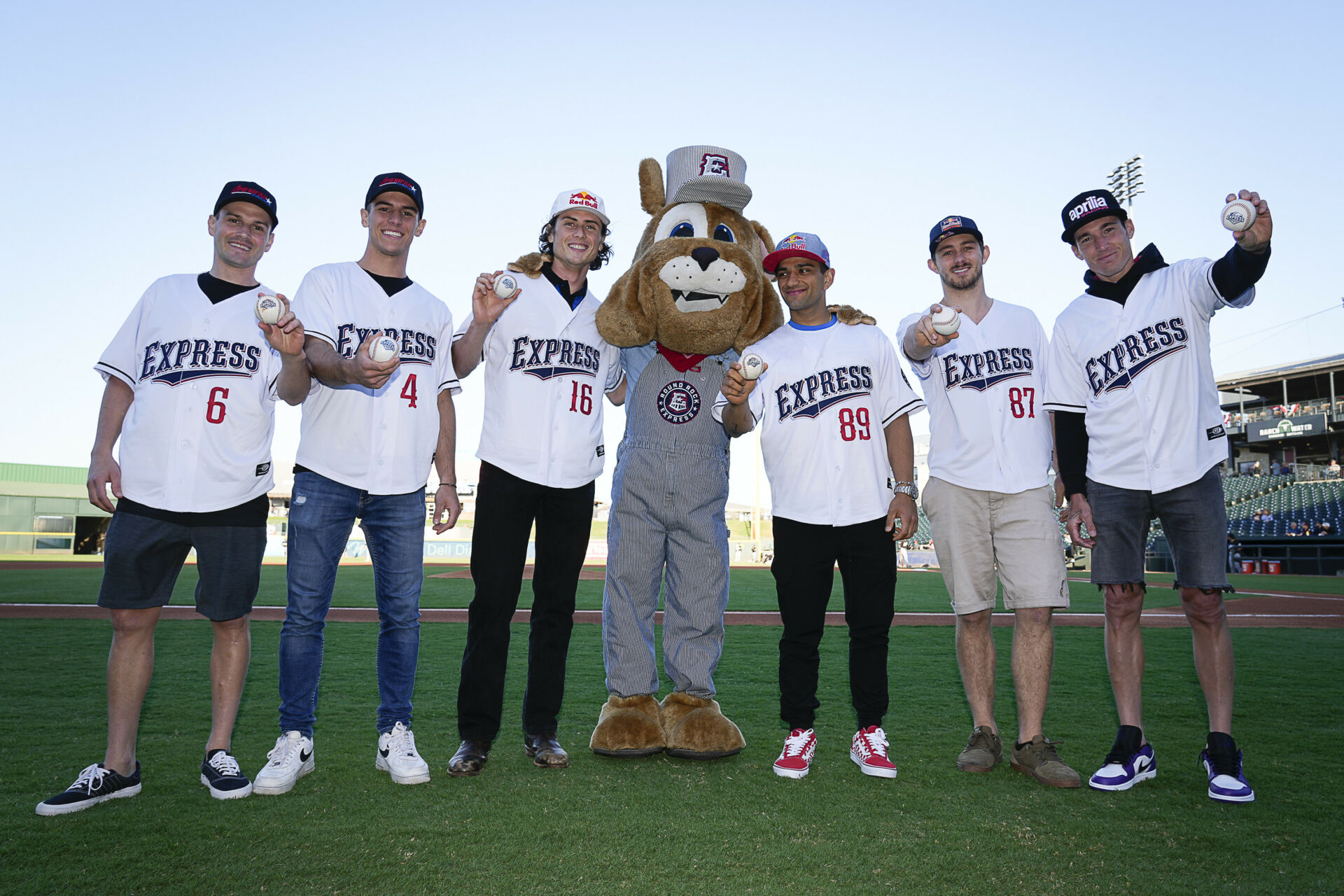 World Championship racers (from left) Cameron Beaubier, Sean Dylan Kelly, Joe Roberts, Jorge Martin, Remy Gardner, and Aleix Espargaro with the Round Rock Express team mascot 