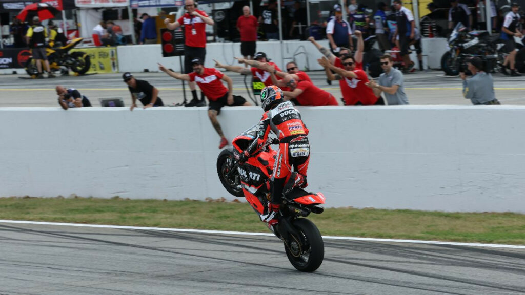 Josh Herrin (2) celebrates his first Supersport win since 2015 and his first on the Ducati Panigale V2 on Saturday at Road Atlanta. Photo by Brian J. Nelson.