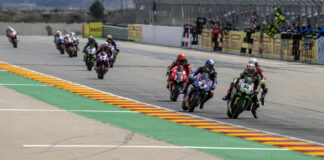 Action from a WorldSBK race at MotorLand Aragon earlier in 2022. Photo courtesy Kawasaki.