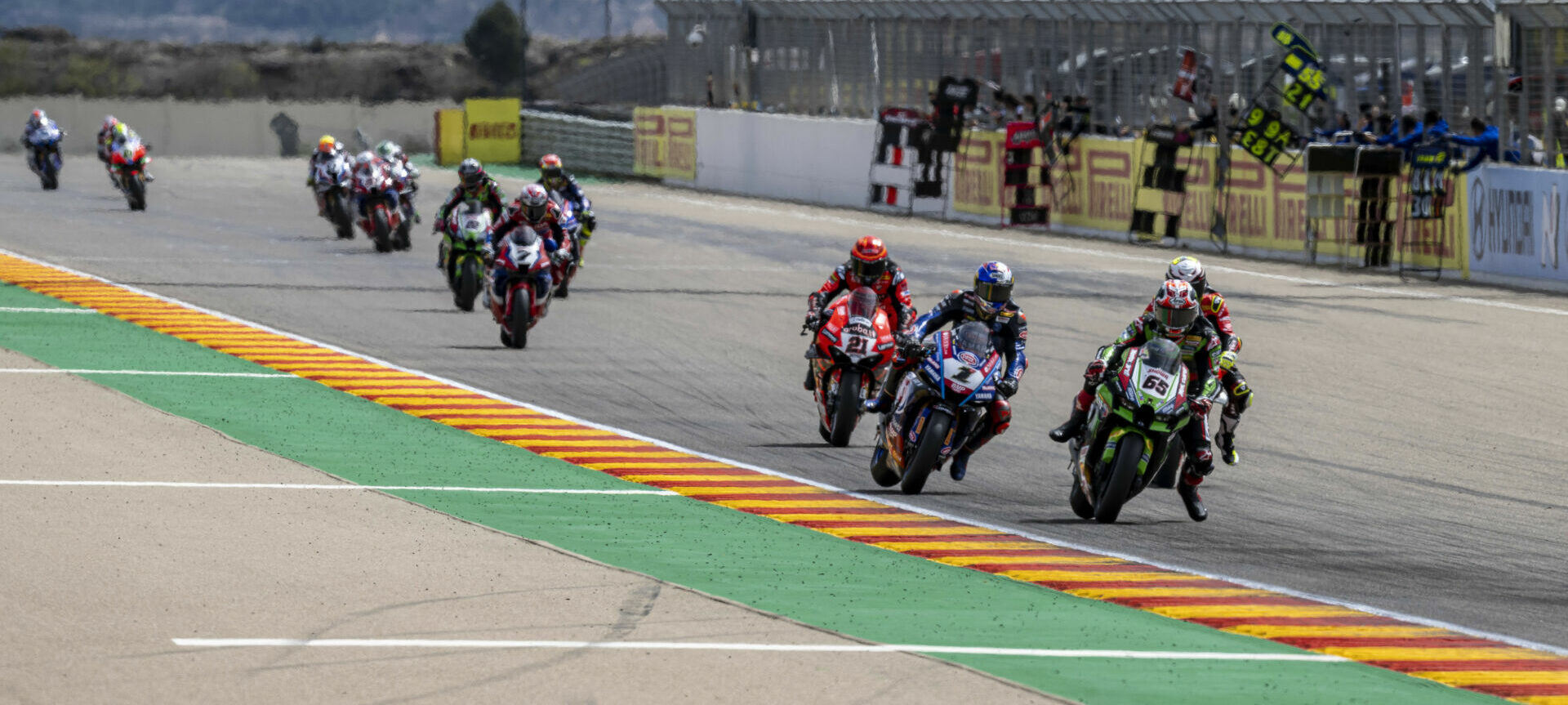 Action from a WorldSBK race at MotorLand Aragon earlier in 2022. Photo courtesy Kawasaki.
