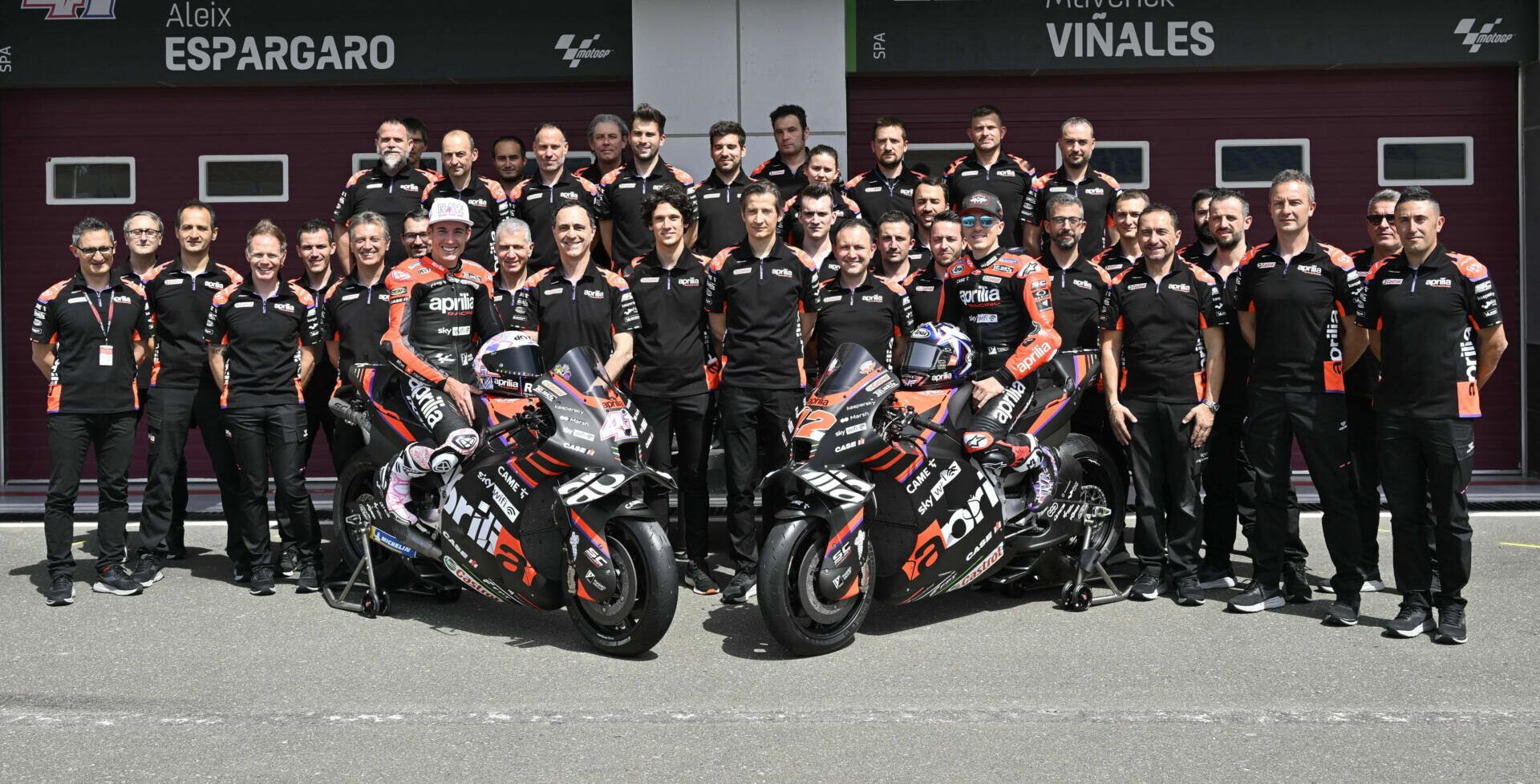 Aleix Espargaro (41), Maverick Vinales (12), and the Aprilia MotoGP team. Photo courtesy Aprilia.