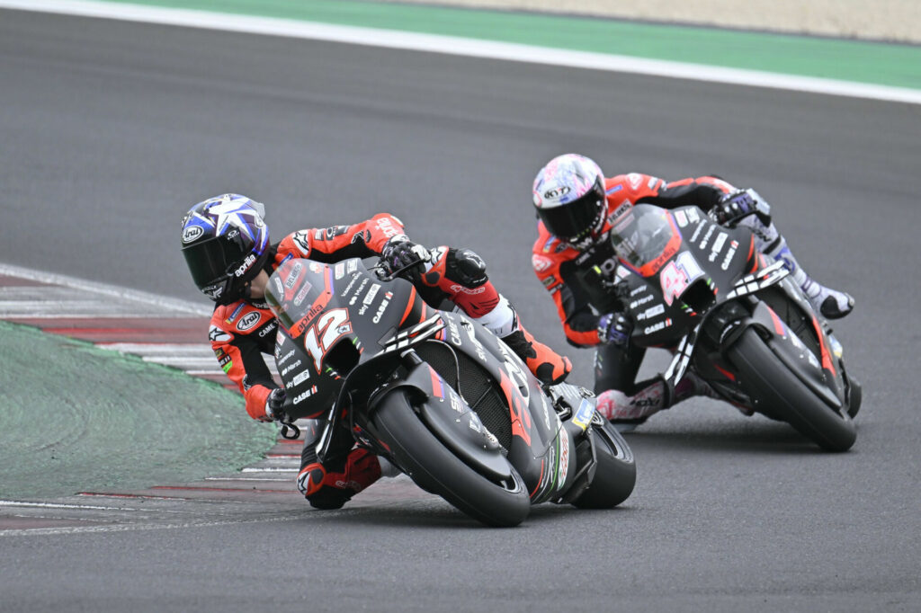 Maverick Vinales (12) and Aleix Espargaro (41) doing exhibition laps on their Aprilia RS-GP MotoGP racebikes. Photo courtesy Aprilia.