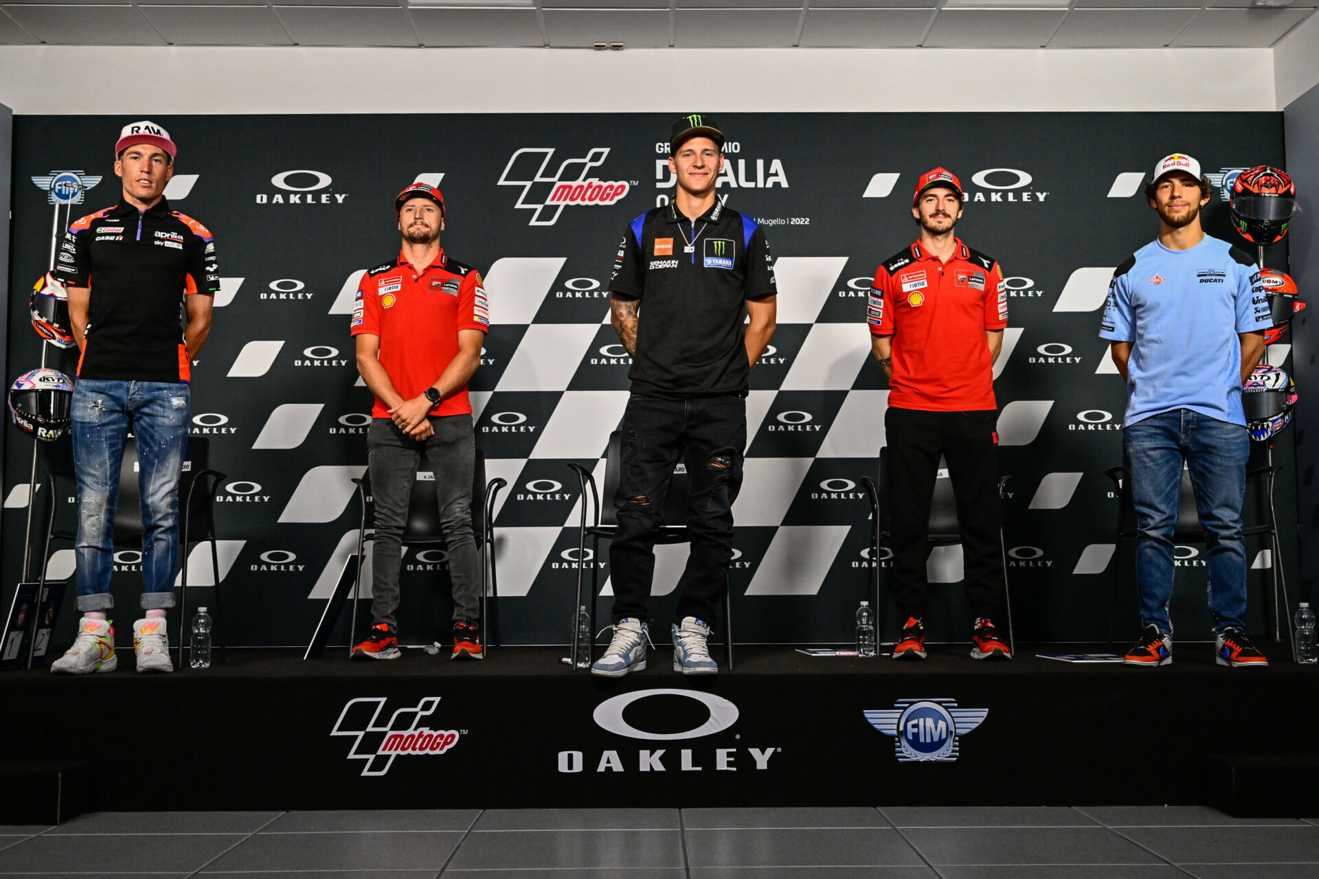 MotoGP riders (from left) Aleix Espargaro, Jack Miller, Fabio Quartararo, Francesco Bagnaia, and Enea Bastianini at the pre-event press conference at Mugello. Photo courtesy Dorna.