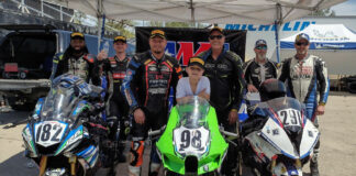 (From left) Birch Racing's Dorsey Birch and Jody Barry; Martinez Motorsports GTO's Tony Storniolo, Levi Martinez (Crew Chief), and Calvin Martinez; Grease Monkey Racing's Stephen Hoffman and Eric Helmbach on the overall ASRA Team Challenge podium at Blackhawk Farms Raceway. Photo courtesy ASRA.
