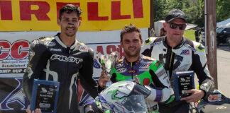 ASRA SuperStock race winner Stefano Mesa (center) runner-up Frankie Babuska, Jr. (left), and third-place finisher Mark Heckles (right). Photo courtesy ASRA.